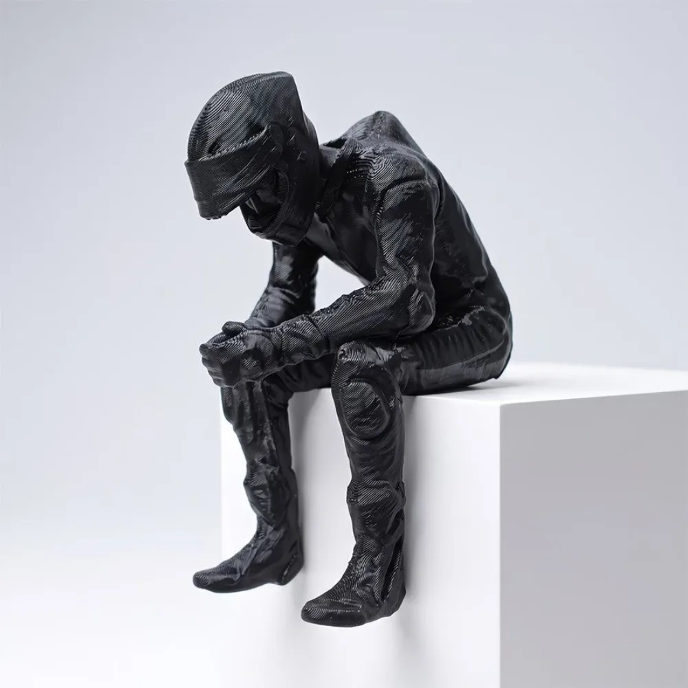 Plastic Motorcycle Rider Figurine Black 3D Printed Racing Style Seated Figurine Decorative Motorcyclist Art Statue for Home