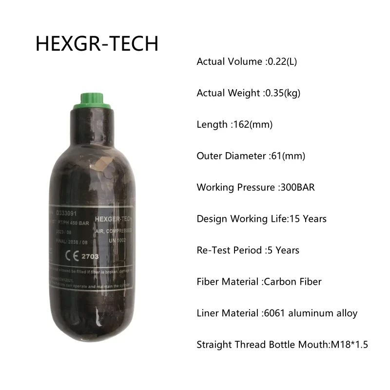 Imagem -05 - Cilindro de Gás o para Mergulhar Cilindro Preto da Fibra do Carbono Hpa Airtank 4500psi 300bar 0.22l0.3l0.36l0.5l Pcp M18 15 de Alta Pressã