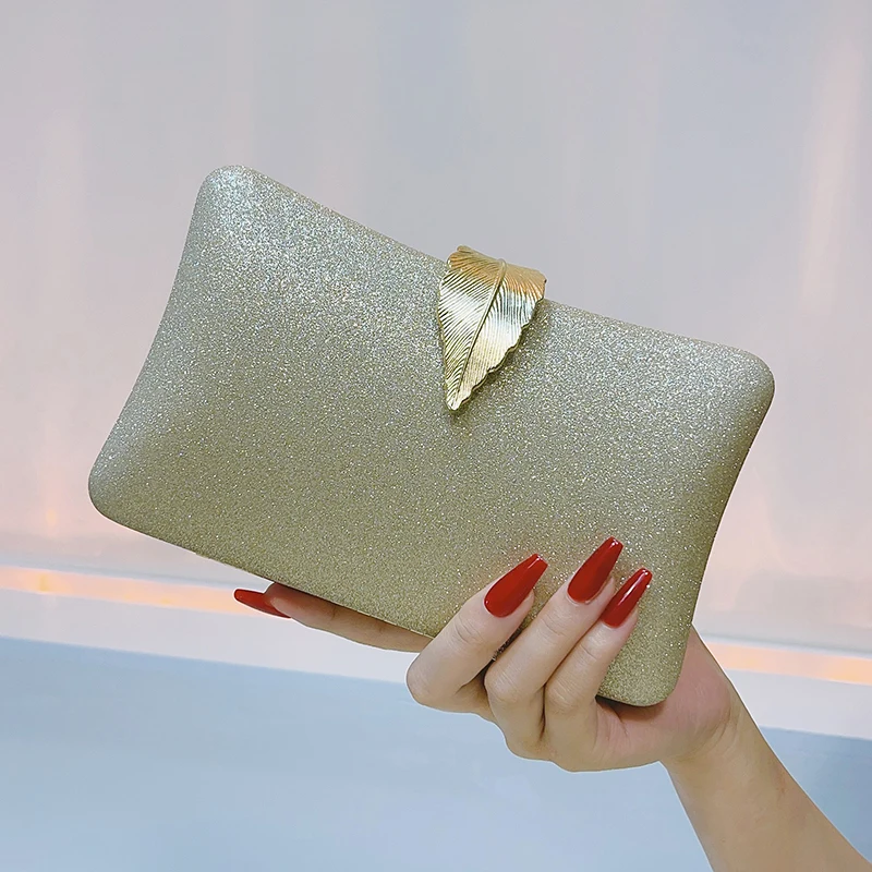 Borsa da sera in metallo lucido per donna, pochette con decorazioni a foglia di lusso, borsa elegante per banchetti di promenade per feste di