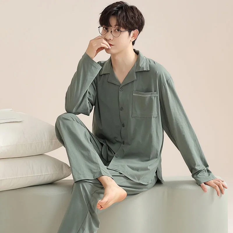 

Men Pajamas 2024 Spring Autumn Cotton Long Sleeve Casual Cardigan Lapel Loose Sleepwear Set Male Simple Fashion Homewear Suit