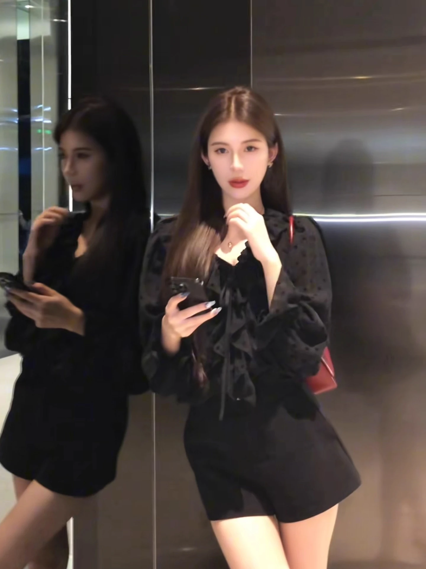 Długa bluzka szyfonowa dla kobiet z koronkowym wykończeniem, wzór w bloki kolorystyczne, styl koreański, do pracy, elegancka, biurowa moda.