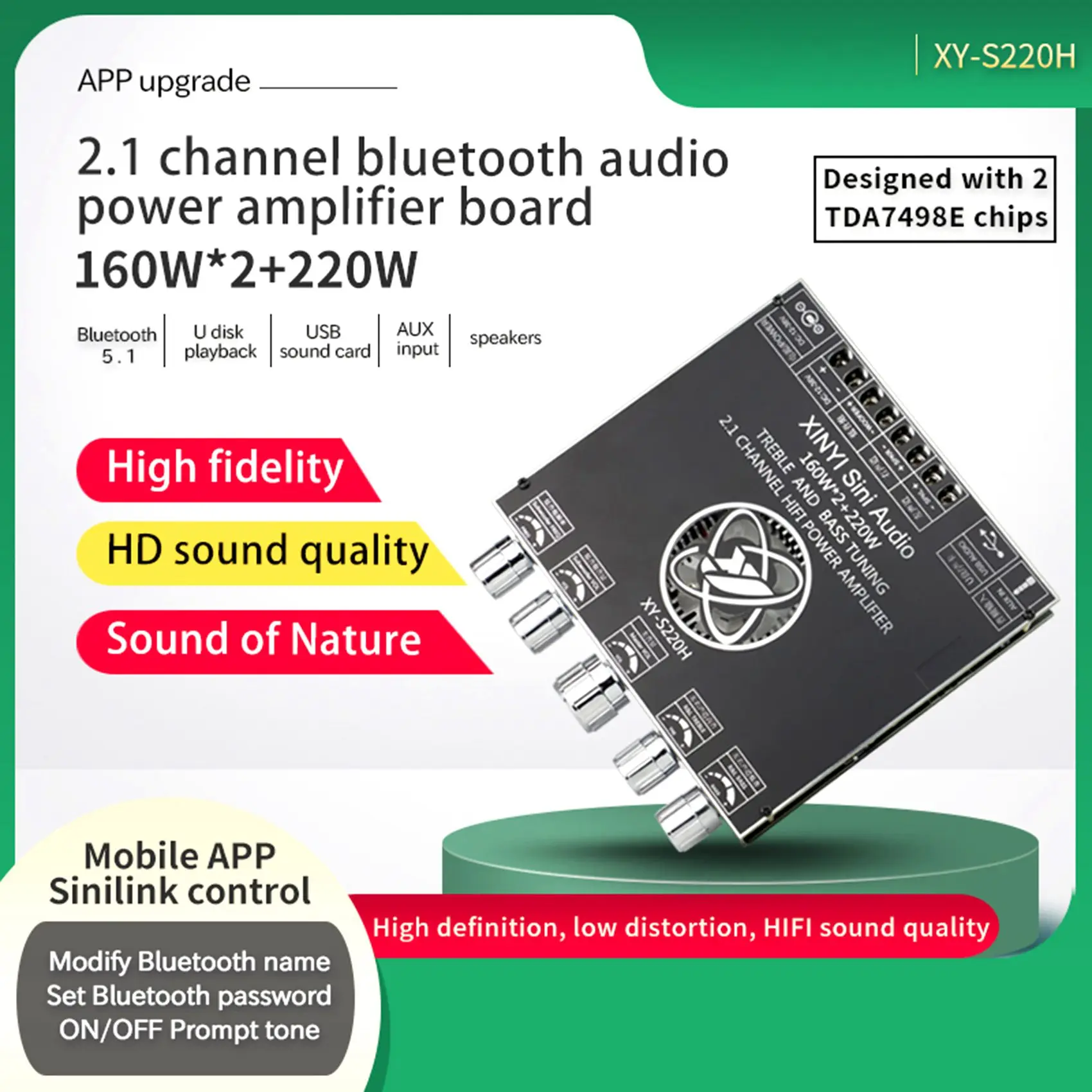 

XY-S220H 160 Втx2 + 220 Вт плата усилителя мощности TDA7498 2.1 двухканальный Bluetooth-совместимый модуль сабвуфера 5.1