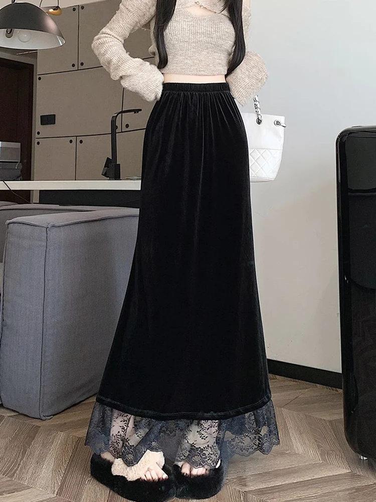

Черная элегантная длинная юбка, женская кружевная лоскутная юбка с рюшами и высокой талией, женская осенне-зимняя свободная повседневная модная юбка