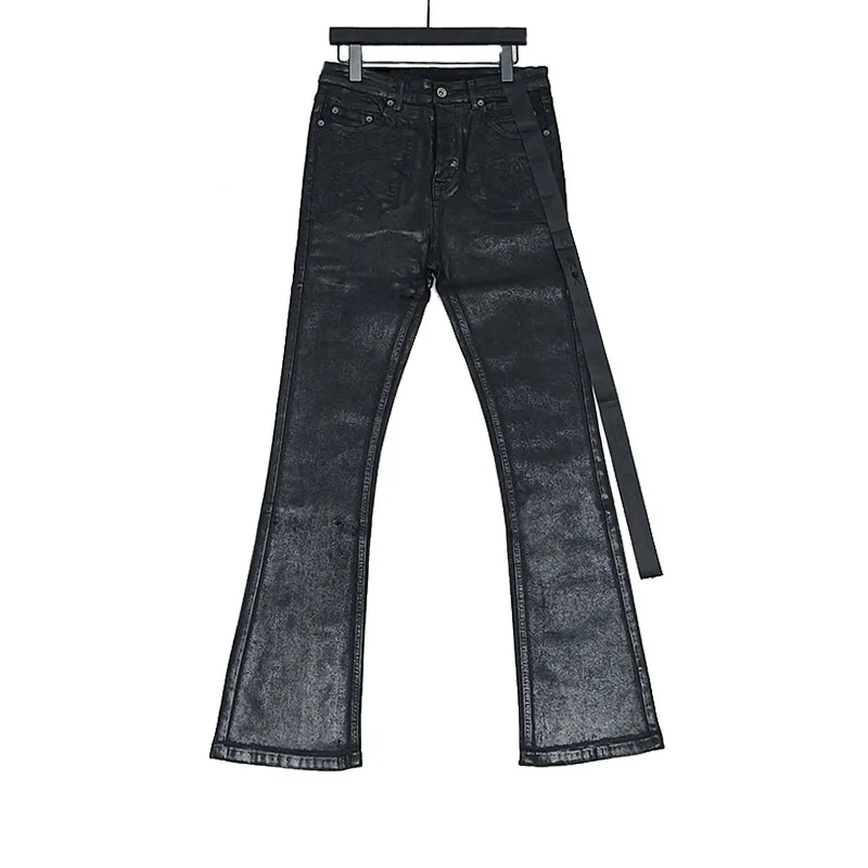 MWJLPWQ RO Men's Pants Long Handmade Coating Flared High Elasticity Jeans Dark Style Slimming Hiphop Flared Trousers Chic 17730