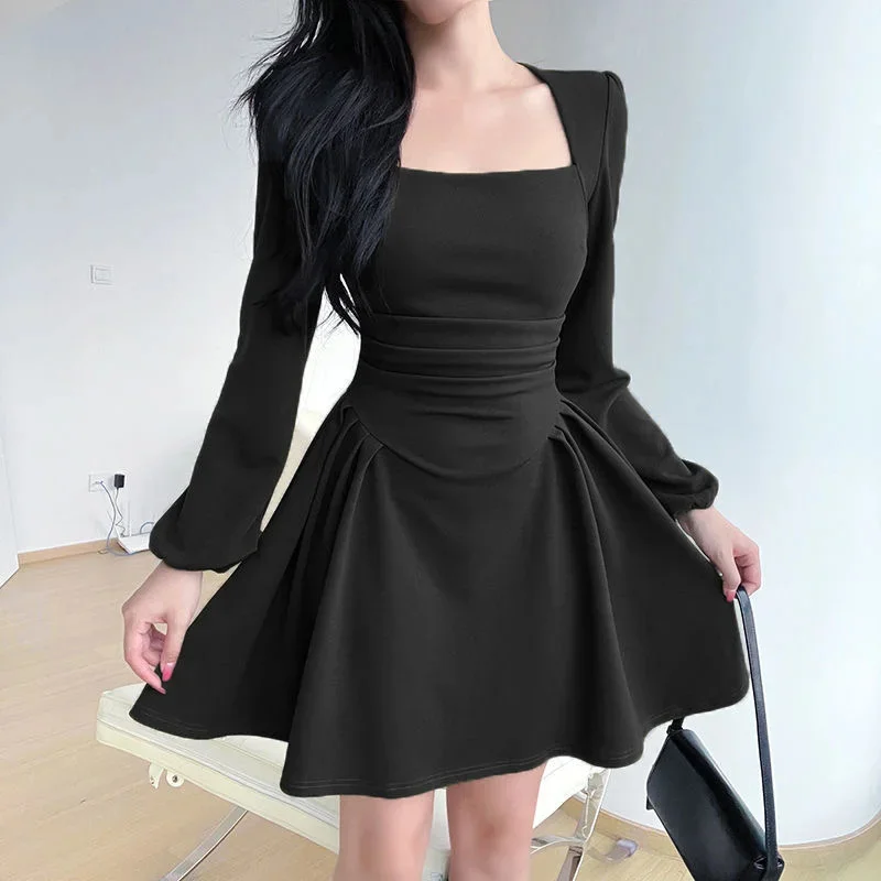 Folds Puff Sleeve Corsets Women Midi Dress Sexy Elegant Bodycon Autumn Elegant Party Casual Lady Long Dress Streetwear