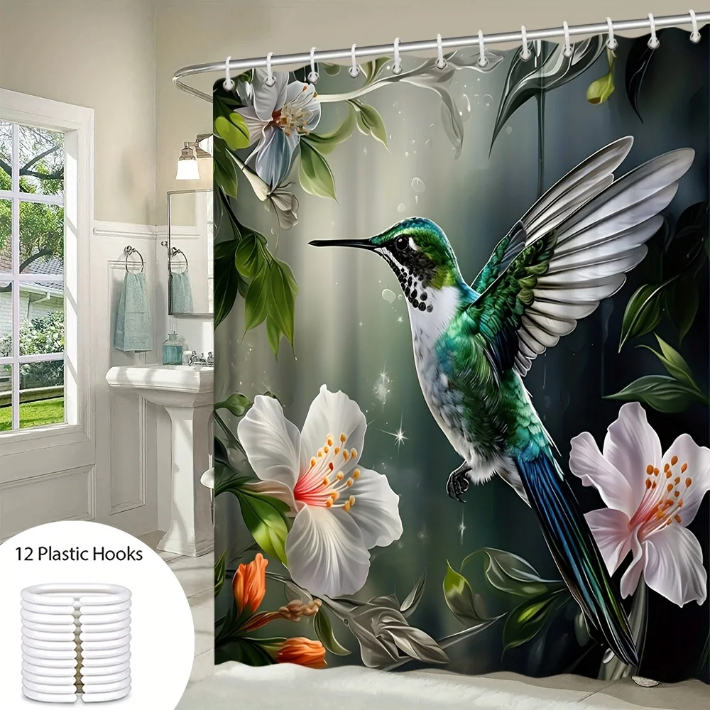 ستارة حمام الطائر الطنان النابضة بالحياة - زهور وأوراق خضراء غريبة، ديكور منزلي مقاوم للماء يضيف جمالًا الطبيعة إلى حمامك