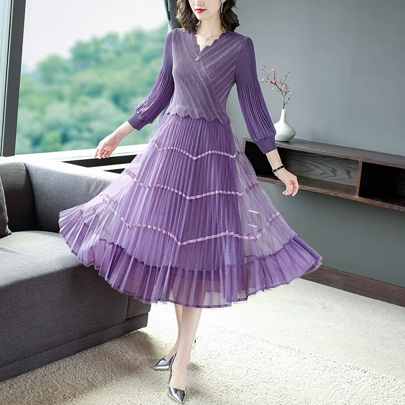 2023 New Fashionable Silk Dress Women\'s Autumn Retro Pleated Bottom Skirt French Loose Tight Casual Vacation Vestidos