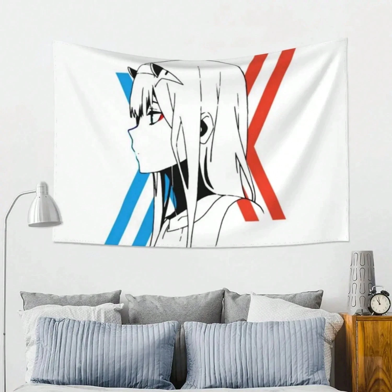 Darling in the Franxx Zero Two Wandteppich – Bold Red & Blue X, schlankes Anime-Charakter-Dekor, Schlafzimmer-Styling und Fans der Serie