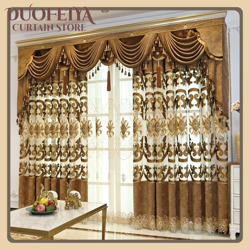 

New European Luxury Curtains for Living Room Bedroom Balcony Chenille Embroidered Curtains Customize Valance Retro Decoration