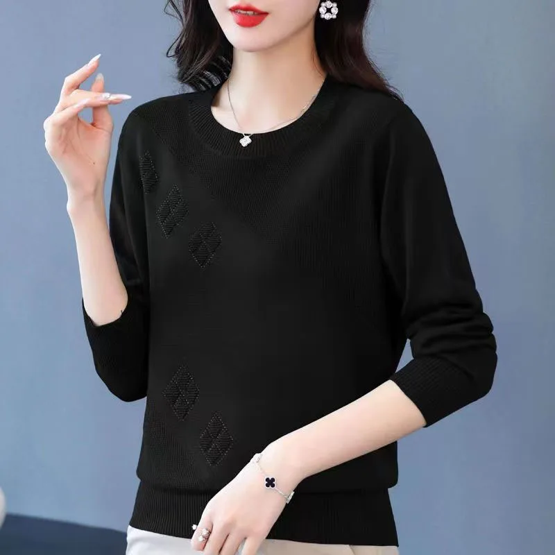 Autumn and Winter Fashion Loose and Simple Diamond Embedding Solid Color Large Versatile Round Neck Middle Aged Mom's Sweater