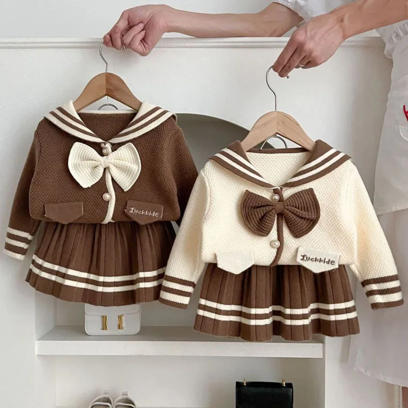 2026 Autumn Winter Girls Sweater Clothing Set Stripe Single Breasted Knitted Coat+Skirt 2Pcs Suit For 2-6Y Girls Fashion Outfit