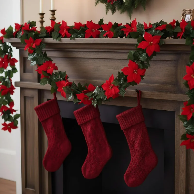 Artificial Poinsettia Vine Christmas Flower Garland Holiday Hanging Decor with Green Leaves for Mantle Fireplace Stairs Door