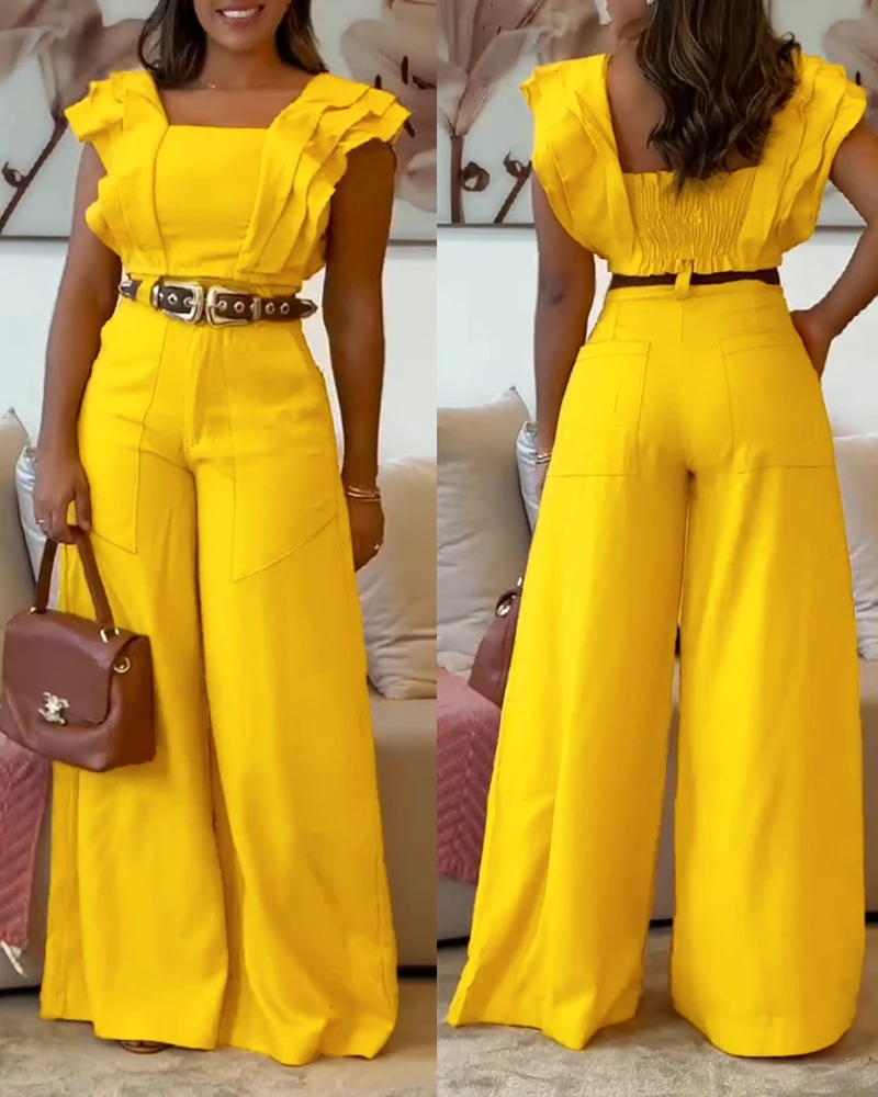 Spring Women 2 Piece Sqaure Neck Flutter Sleeve Shirred Top & High Waist Elegant Pants Set