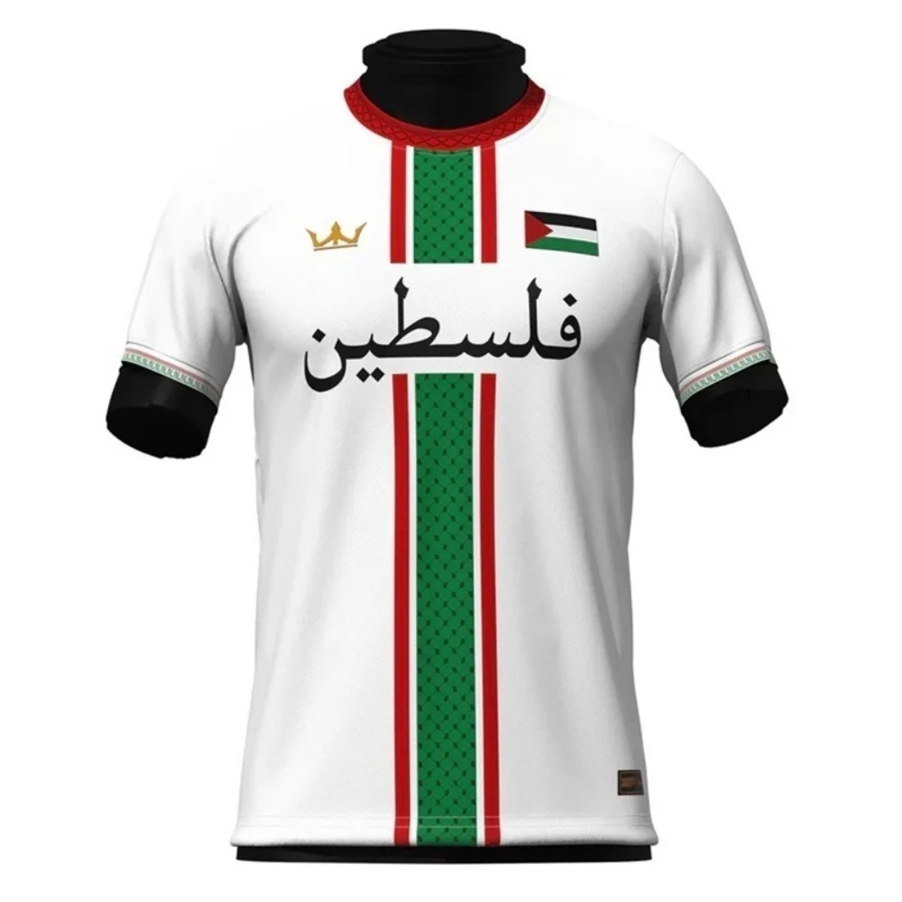 Palestine Theme Crew Neck T-Shirt with Flag & Arabic Text Casual Daily Wear Unisex Fashion Top for Cultural Expression