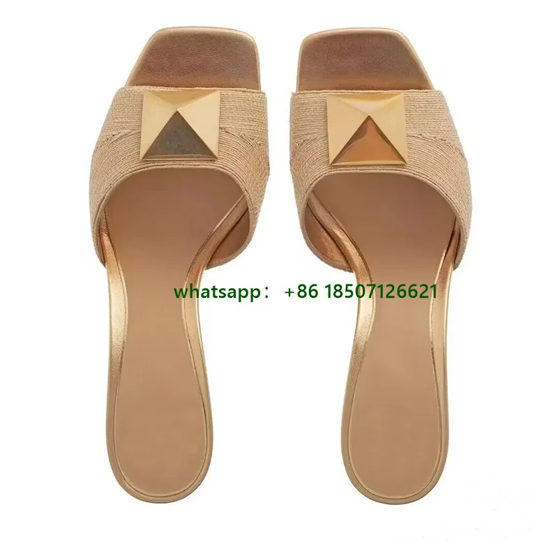 

Square Toe Thick Heel One-Studded Slippers Solid Color Low Heel Large Size Women's High Heels