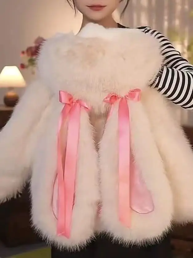 

Зимний свитер для девочек, пальто из кроличьего меха на молнии с узлом, милая модная детская одежда, прямая трубка