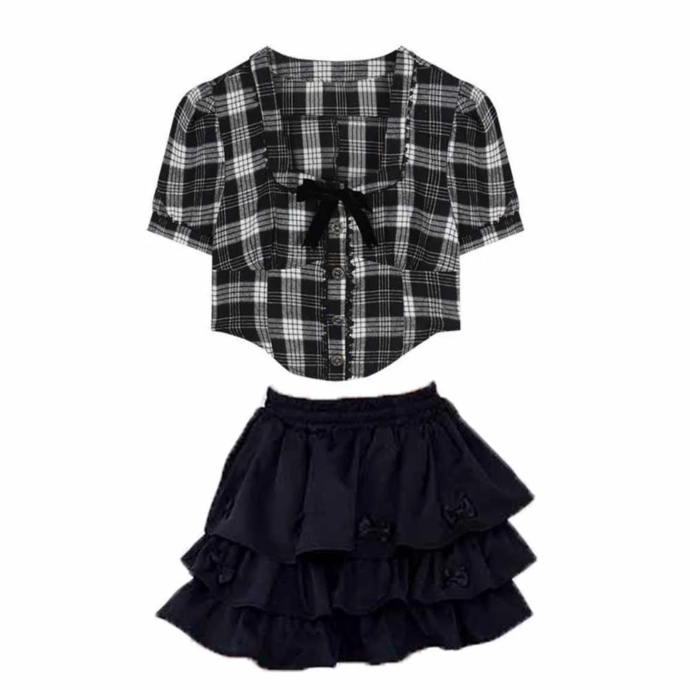 

Cake Dress Sweet Girls Wear Suit Teens Party T-shirt Plaid Skirt Set Preppy Style Costume Short Sleeve Children Summer Clothes
