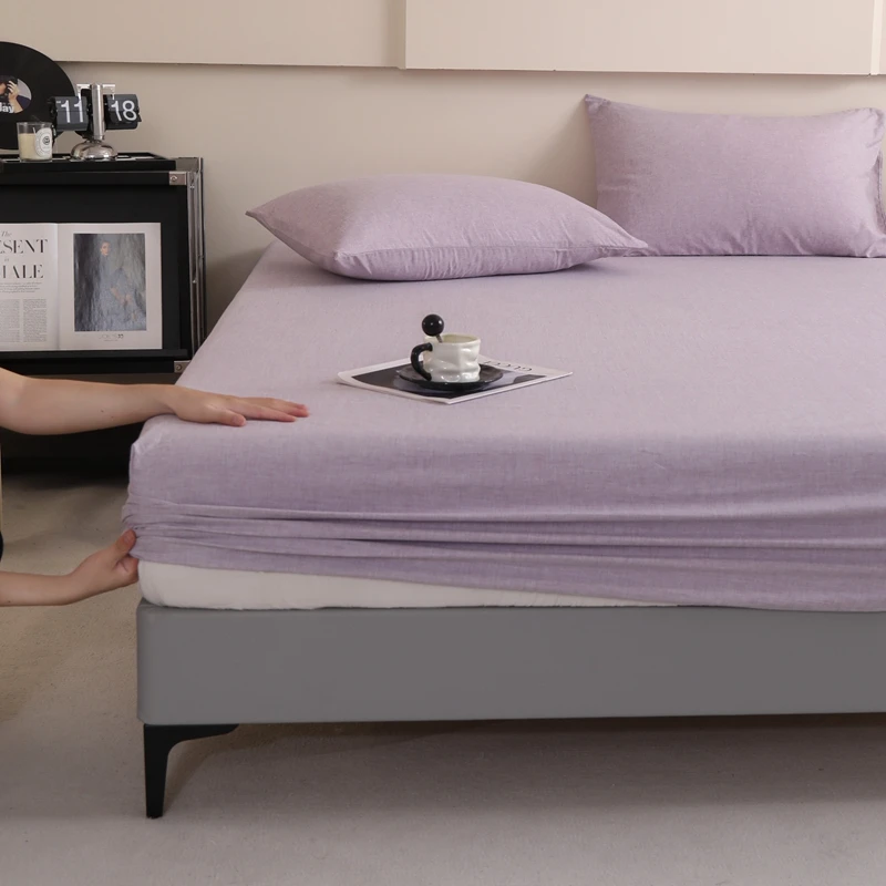 1pc Brushed Fitted Bed Sheet with Elastic Single/Queen/King Purple Bed Sheets Skin-Friendly and Breathable Drap Housse 180x200