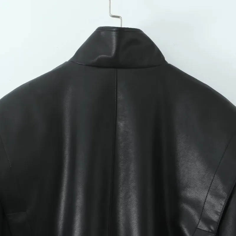 Giacca in pelle Donna Manica lunga Autunno Nuovo Retro Big Flip Spalla Design Giacca in pelle PU con zip Orlo elastico Colletto alla coreana Lady