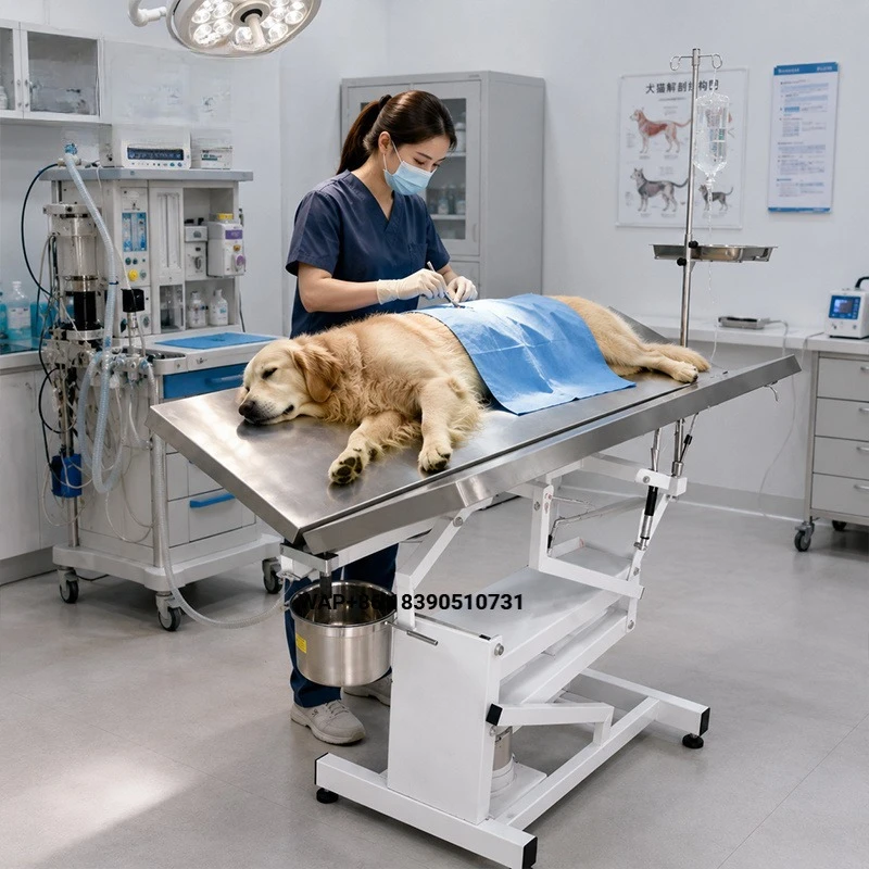 High-quality reusable 304 stainless steel adjustable veterinary operating table for diagnostic surgeries on dogs and pets