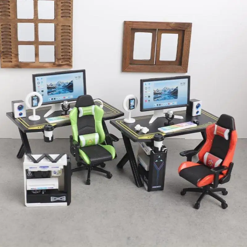 1/12 Dollhouse Mini Gaming Desk Chair Bundle with Realistic Computer Monitor Host Model for Doll House Scene Setup