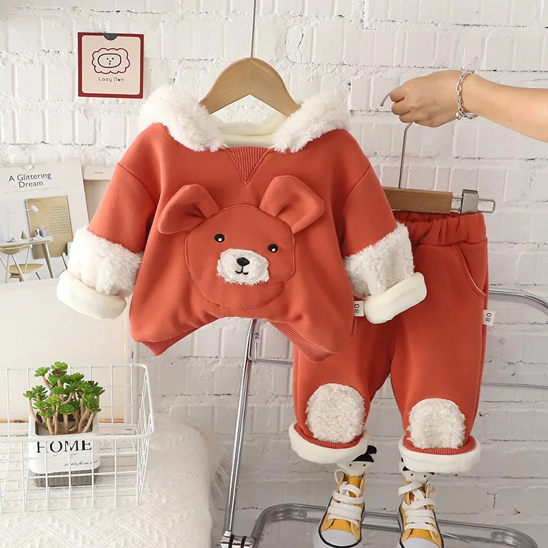 

Baby Boys Girls Winter Clothing Sets Children Hooded Sweater Pants Soft Plush Kids Tracksuit Cartoon Bear Infant Clothes Outfits