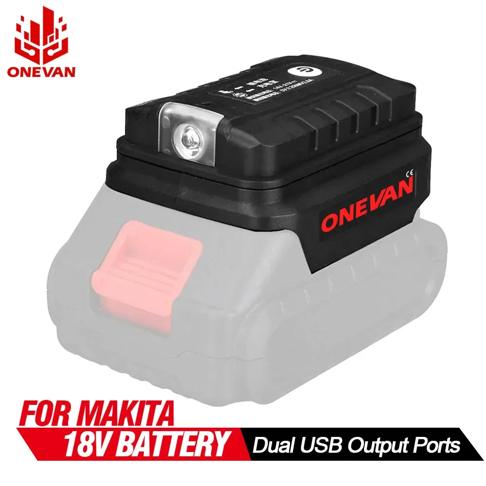 ONEVAN Battery Adapter For Makita 18V Li-ion Battery Dual USB Converter Power Bank Phone Charger With LED Working Light