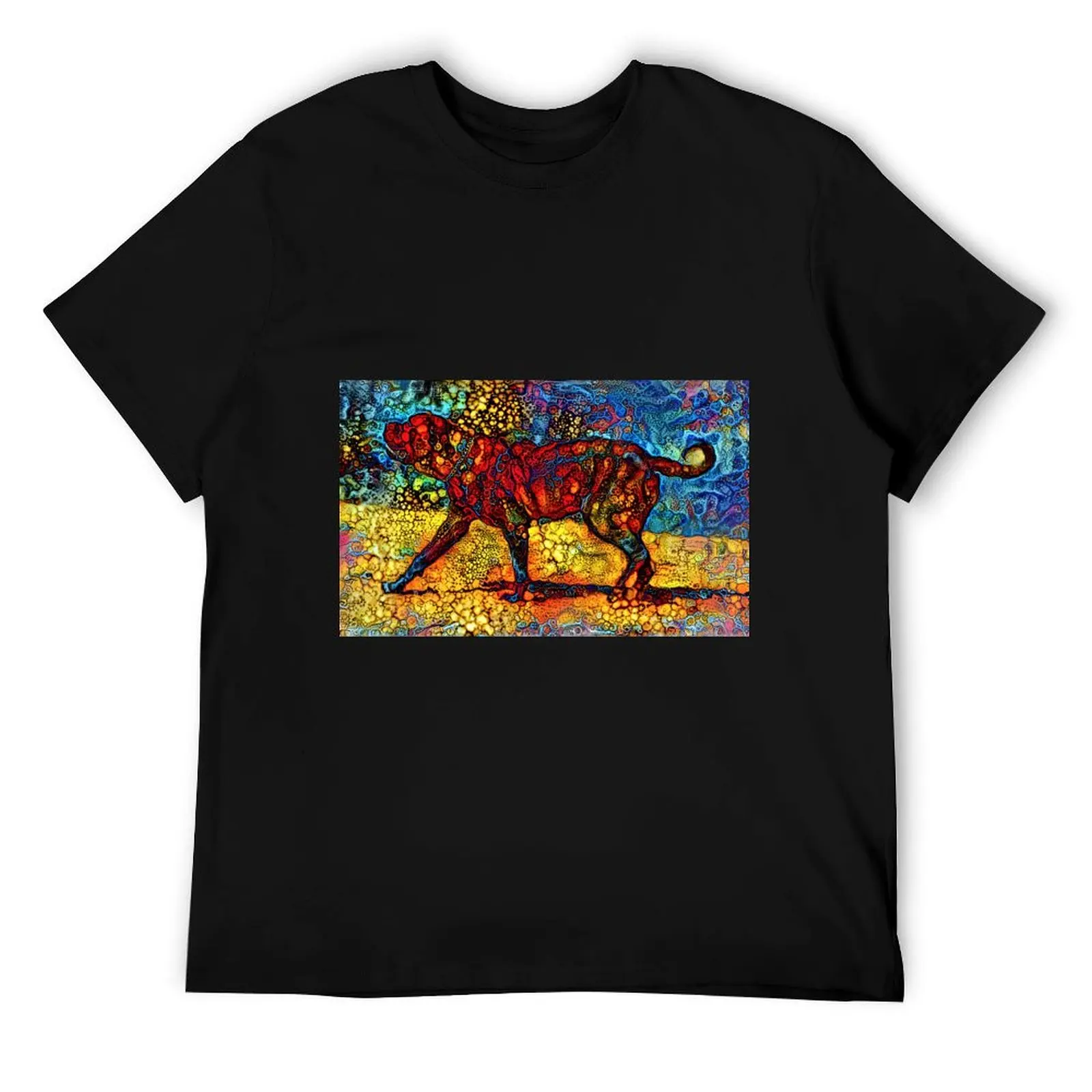 

English Mastiff waiting for a treat - colorful abstract painting in blue, yellow and red T-Shirt t shirt custom print T-Shirt