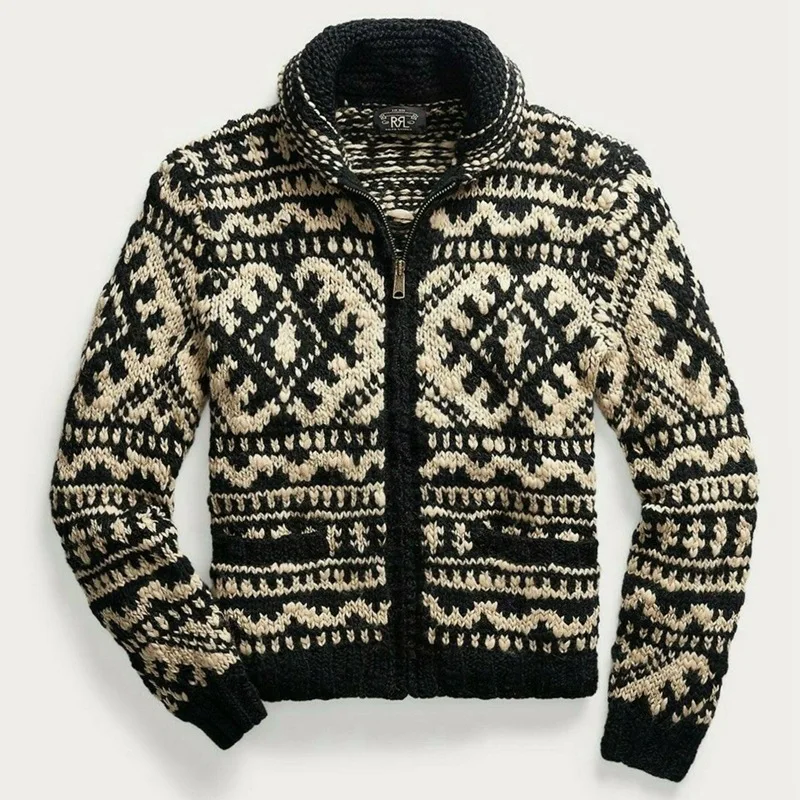 

New Fashion Men Streetwear Cardigans Sweaters Coats Autumn Man Outwear Casual Cardigans Retro Jacquard Sleeve Knitted Sweaters 3