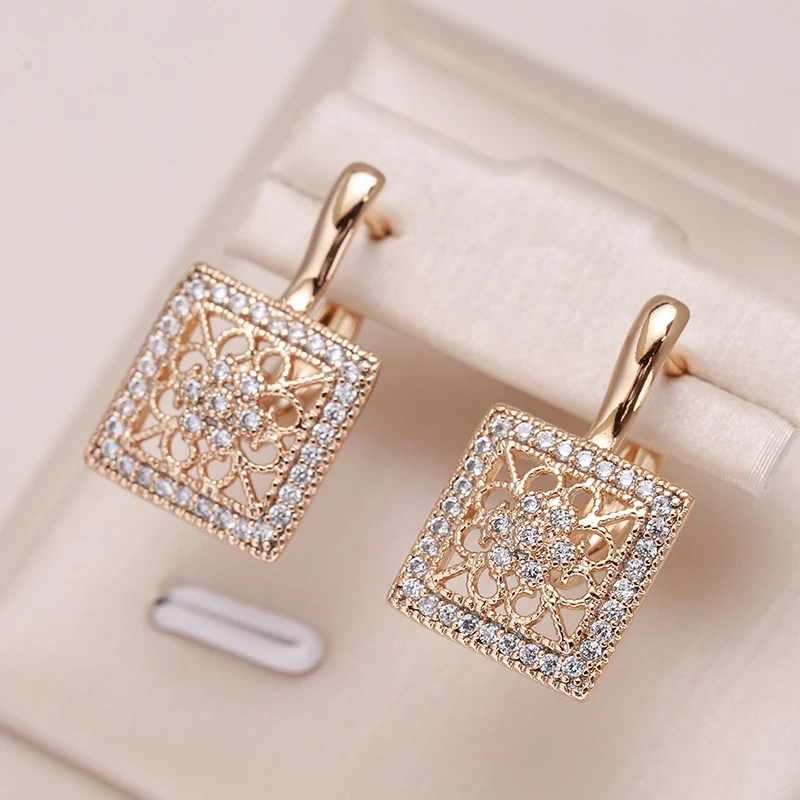 Wbmqda Elegant Square Full Zircon Drop Earrings For Women 585 Rose Gold Color Luxury Ethnic Wedding Jewelry Accessories