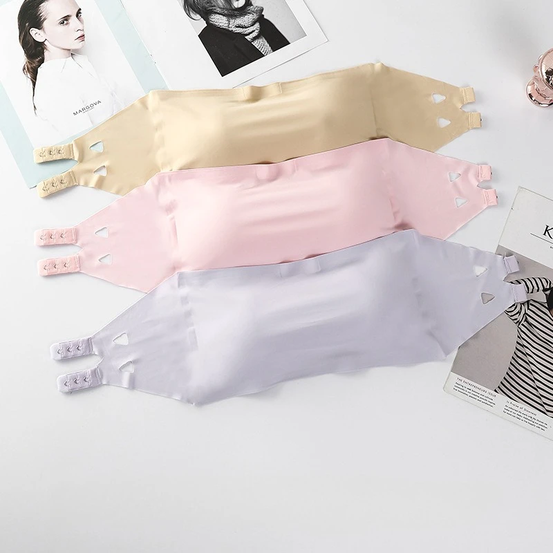 Jednodílné strečové podprsenky bez ramínek pro dospívající dívky, bezešvé bandeau podprsenky z ledového hedvábí, péče o prsa, měkké zavinovací kalhotky, zkrácené trubkové topy - náhled 3