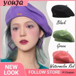 Y2K Millennium Girl Knitted Beret Spring Summer Japanese Cotton Linen Thin Hat Female Korea Candy Color Painter Gorras