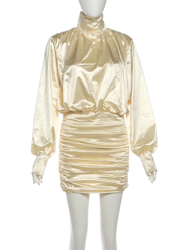 Nibber Autumn New Style Mini Dress Woman Silky Satin Turtleneck Full Sleeve Backless Skinny High Stretch Ruched Elegant Bodycon