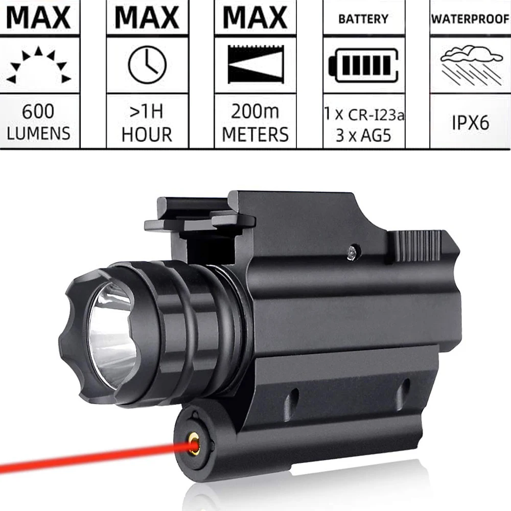 

Rail Mounted Pistol Red Laser Light Combo Laser Sight Combo & 600 Lumen Strobe Pistol Flashlight for Pistols Handguns Gun Light