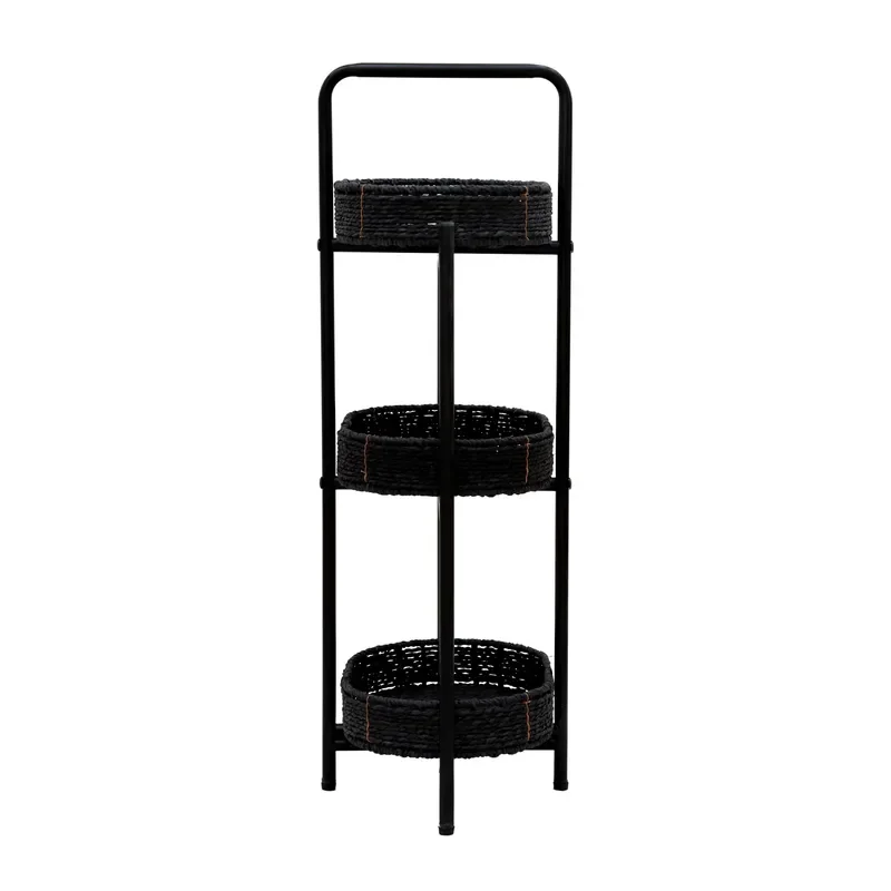 Small Handwoven Metal 3-Tier Oval Side Tables Portable Storage Shelf Bedroom Furniture (Black)