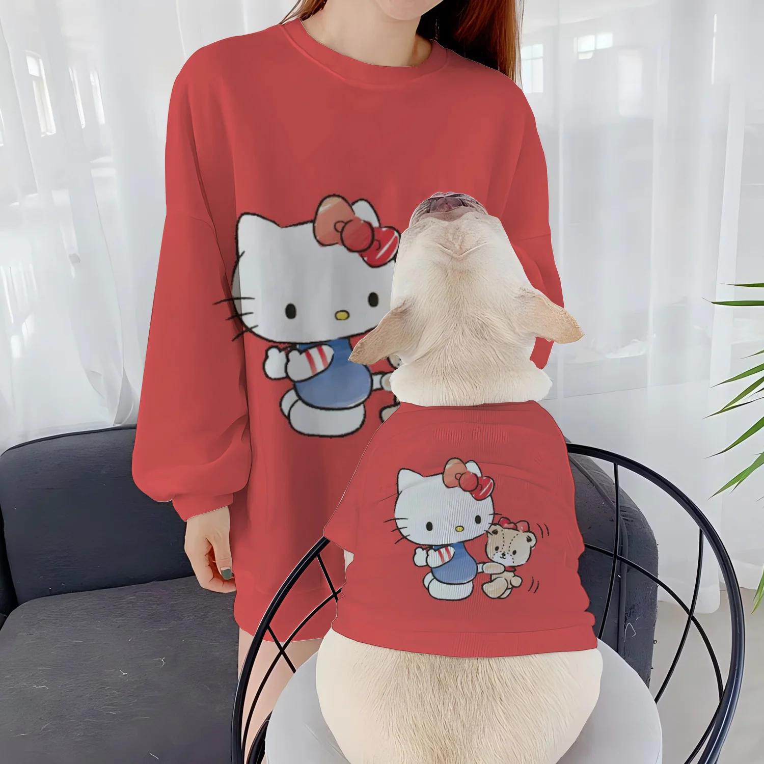 Pet Clothing Casual Sweatshirts Women Dog Women's Parent-Child Clothes Pullover Autumn Winter Puppy Round Neck 2024 Hello Kitty