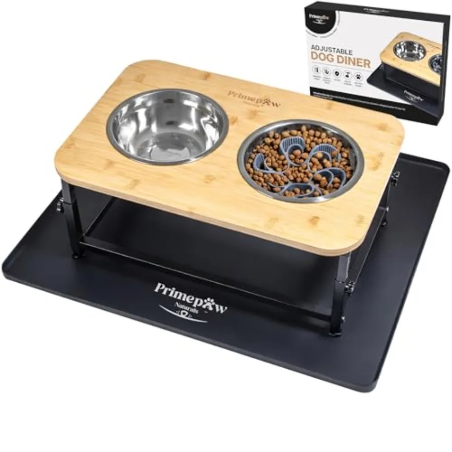 

Adjustable Raised Dog Bowls Elevated Dog Bowl Stand with Bamboo Stand 2 Stainless Steel Bowls Slow Feeder Insert and Silicone M