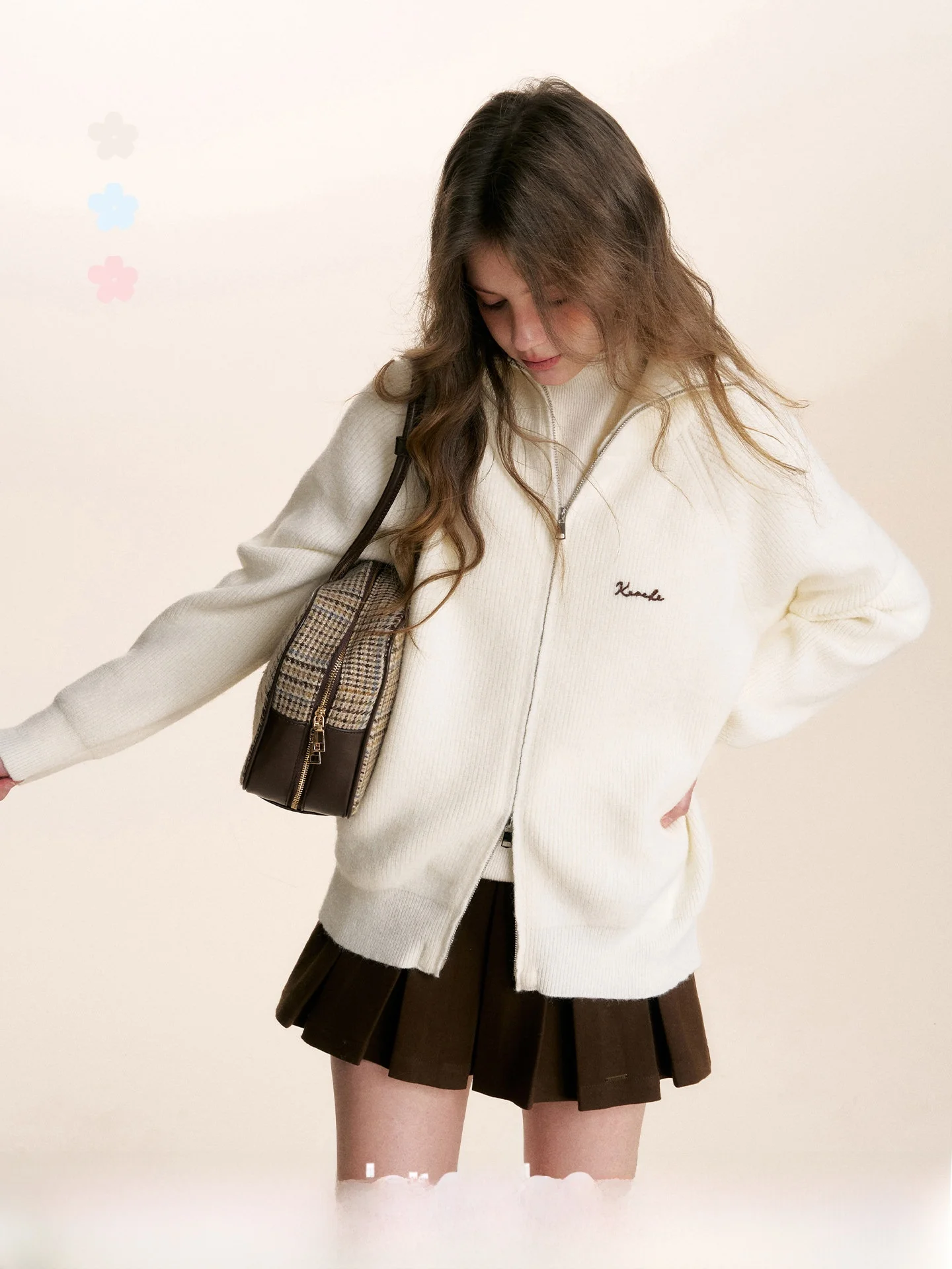 

Loose Knitted Sweater Cardigan with Double Head Zipper Design Color Blo Chain Embroidery by KROCHE for Women Casual Wear