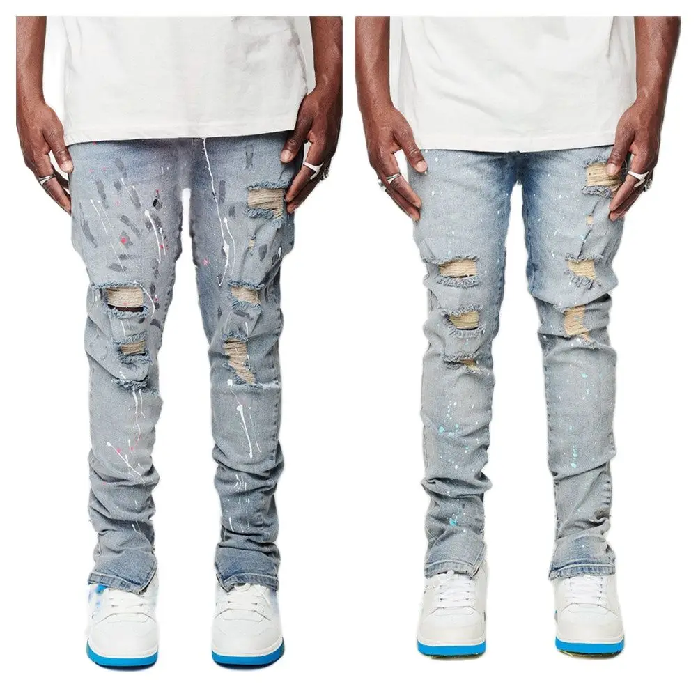 Pantalones vaqueros rasgados para hombre, Jeans ajustados de lápiz con pintura artesanal, ropa de calle Hipster, a la moda, novedad de 2022, XS-XL