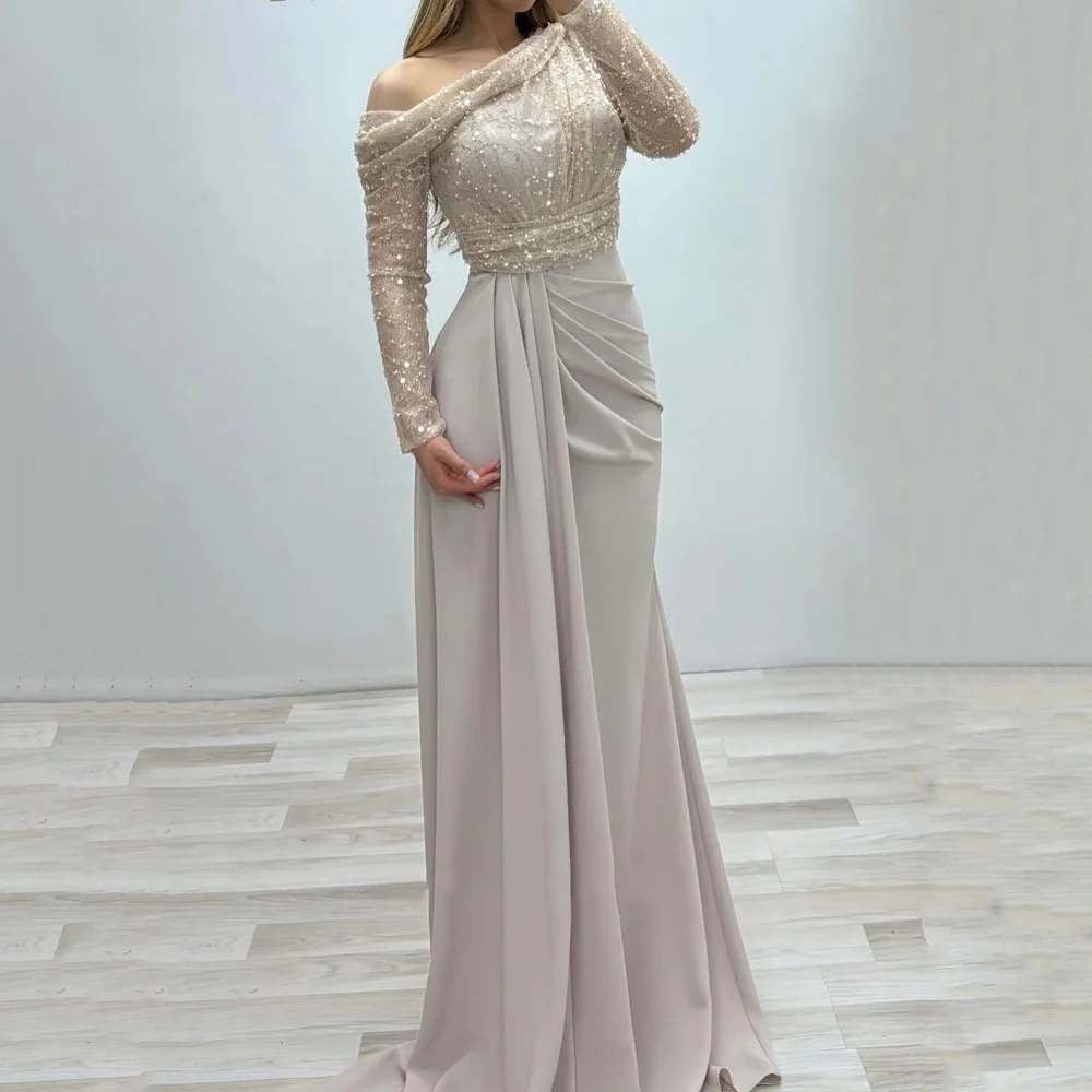 

Elegant Shiny Customized Prom Dresses New Sequined Mermaid Chiffon Party Gowns Long Sleeve Evening Dress فساتين سهرة