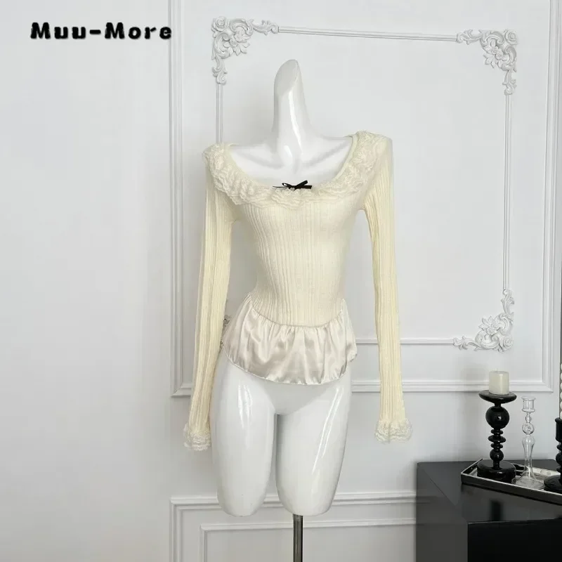 2025 Autumn Casual Bow Long Sleeve Round Neck T-Shirts Women's Fashion Sexy Sweet Style Knitted Patchwork Slim Fit Tees Tops