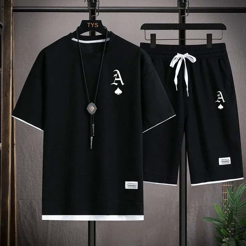 

Men's sets Fashionable casual men sports short-sleeved T-shirt + outdoor shorts two-piece set summer daily casual Waffle suit