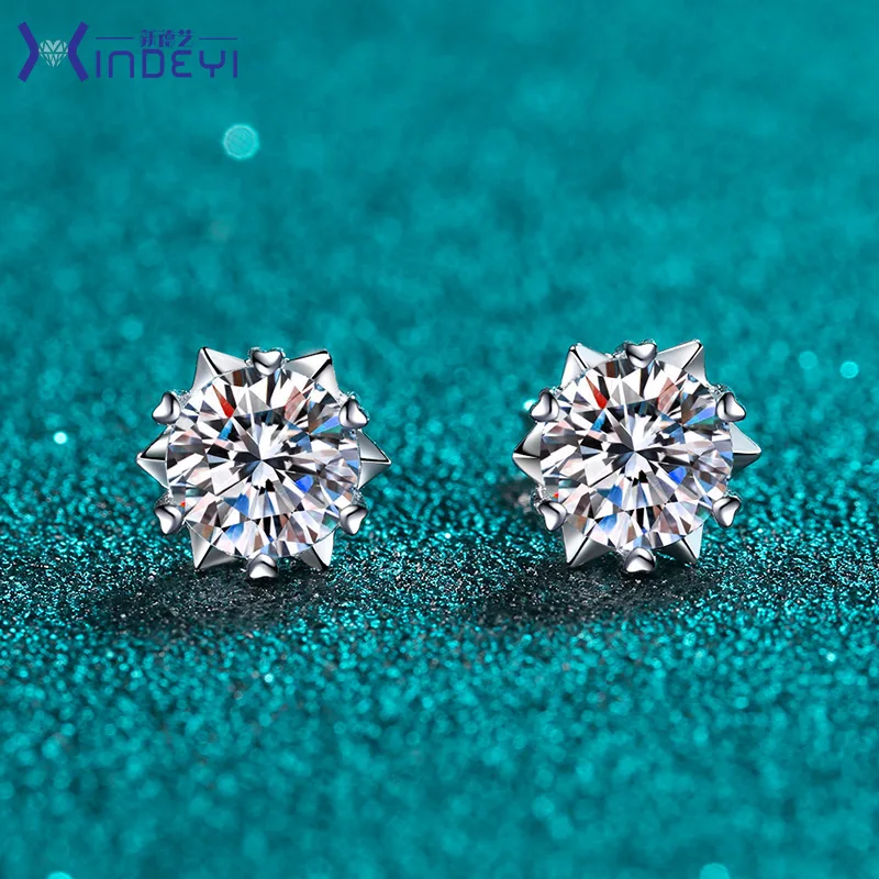 

925 Sterling Silver Moissanite Stud Earrings 1CT 2CT White Sterling Sier D VVS1 Lab Dia Snowflake Ear Studs for Women