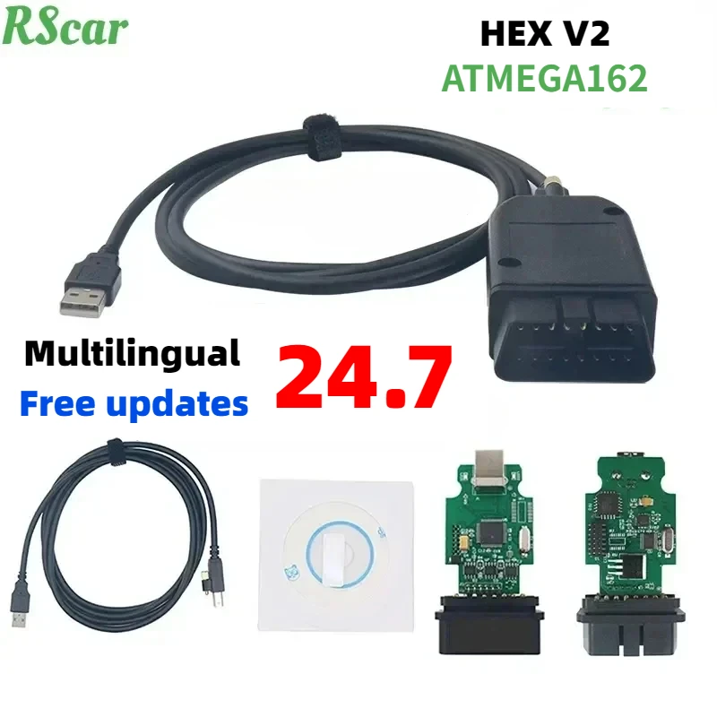 Latest V24.7 HEX V2 USB Interface Unlimited VINs ATMEGA162 OBD2 Scanner HEX V2Cable Car ForVaG Multi-language Diagnostic Tool