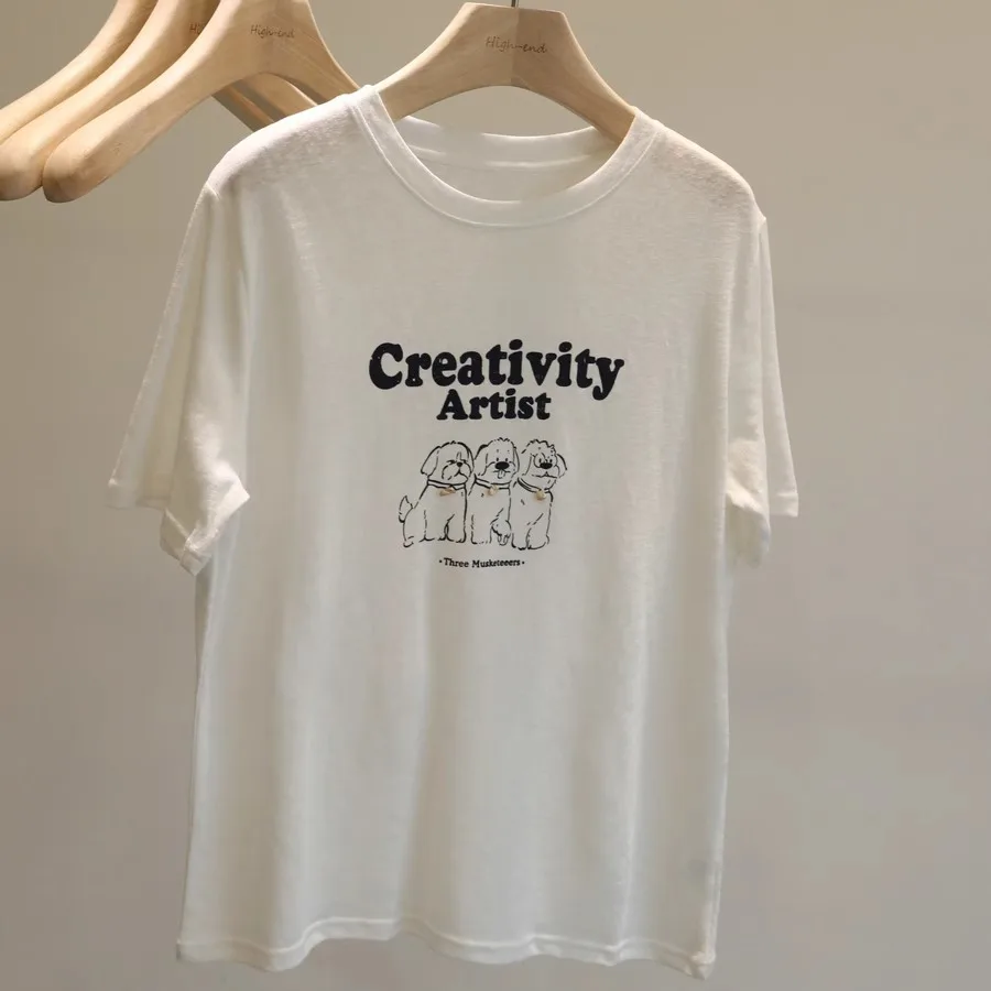 대형 사이즈 300 푸 한국 슬레 만화 프린트 여성용 여름 신상 편안하고 통기성 좋은 노화 방지 탑