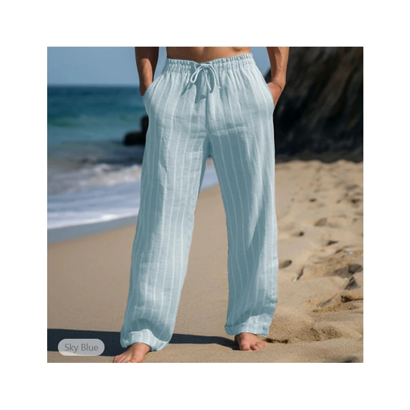 

Autumn Men's Large Size Straight Leg Casual Pants Linen Trousers Striped Design Comfortable Cotton Blend mid Waist Trousers