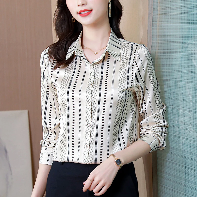 Satin Women Shirt 2023 Autumn Clothes Women Vintage Blouses Office Lady Long Sleeve Blouse Button Up Shirt OL Print Womens Tops