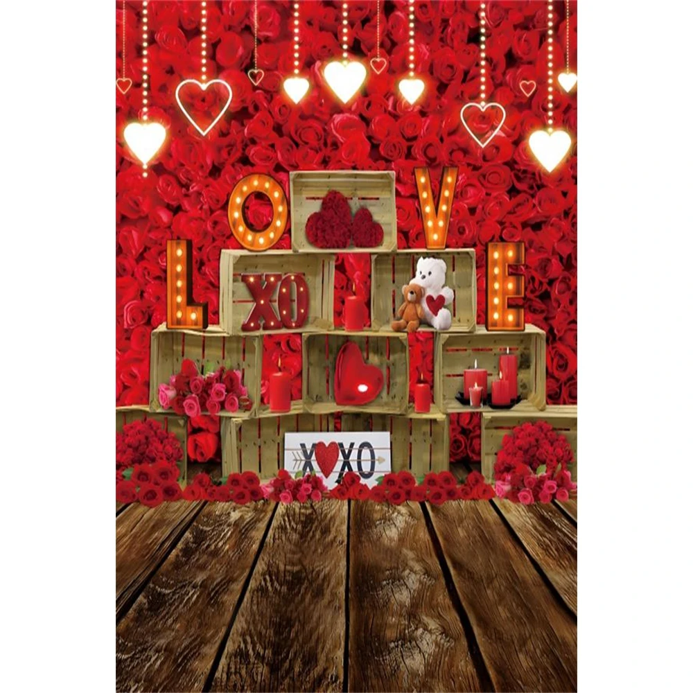 Valentine's Day Photography Backdrops Golden Glitter Red Roses Love Heart Wood Floor Wedding Party Decor Background Photo Studio