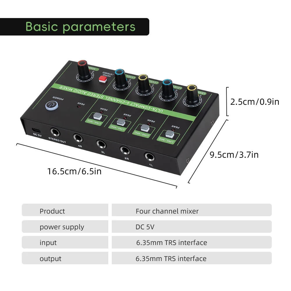 4 Channel Audio Mixer Microphone Low-noise Mono Stereo Line Mixer LINE/MIC Mode Switching for Wired Microphones Electronic Piano