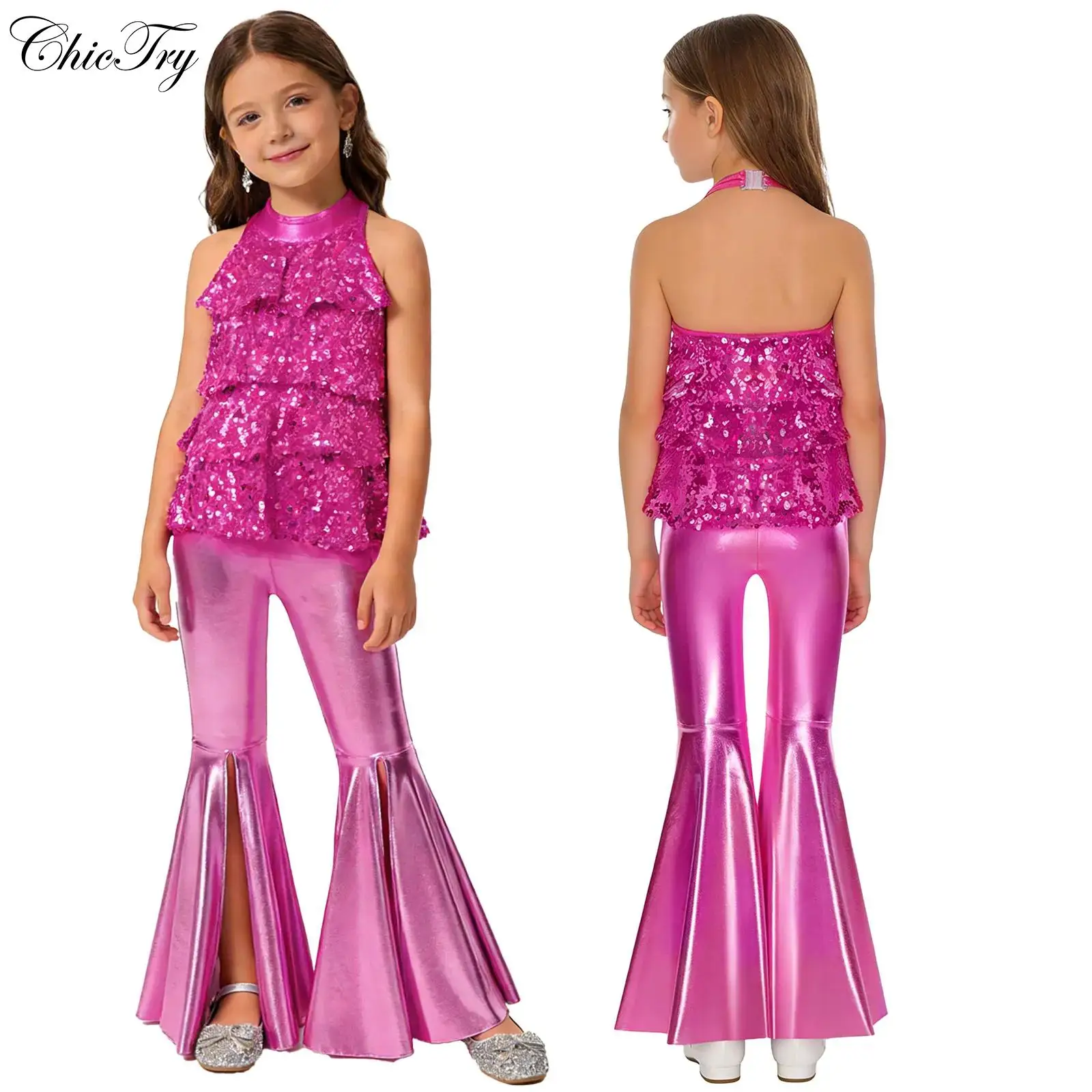 

Детские комплекты для латиноамериканских и джазовых танцев для девочек: костюм для выступлений, топ-халтер без спинки с пайетками, комбинезон с брюками, для карнавала, фестивалей и вечеринок